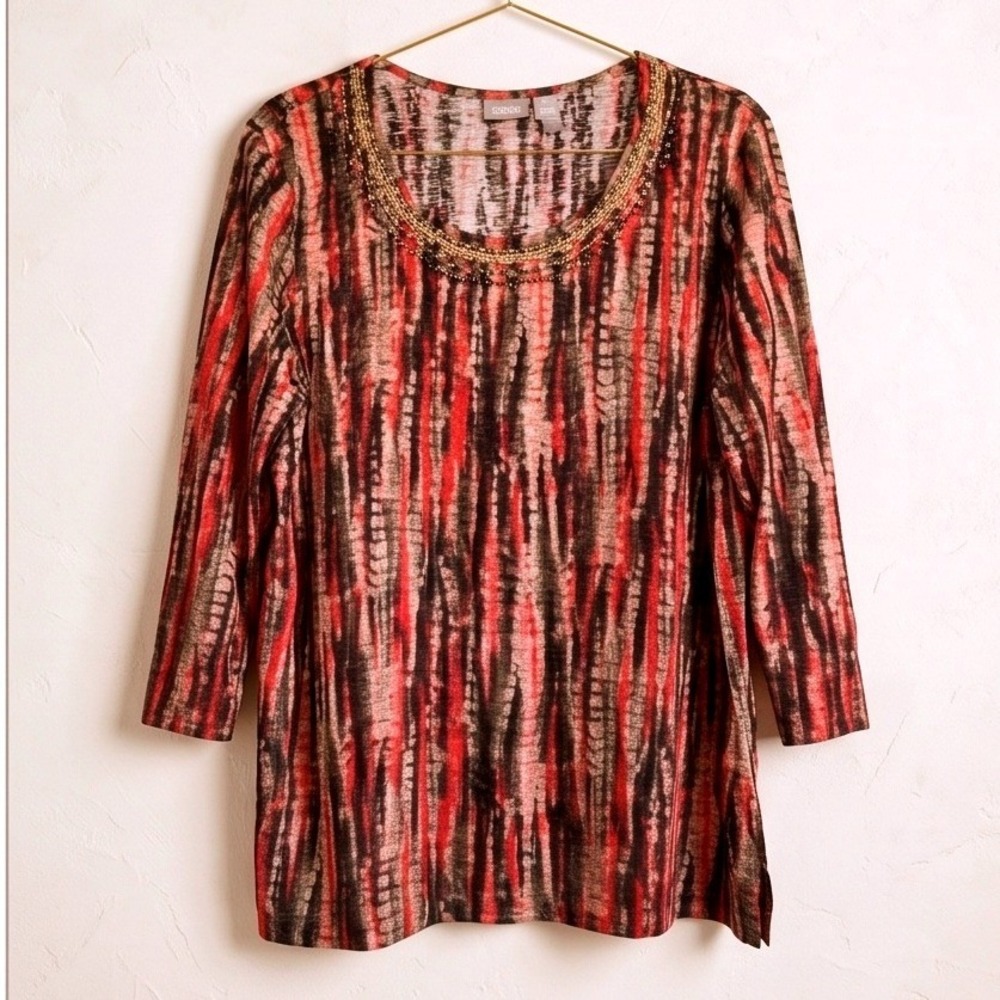 Chico's 3 Beaded Neckline Ruched Sleeve Abstract Cotton Top Red Black XL